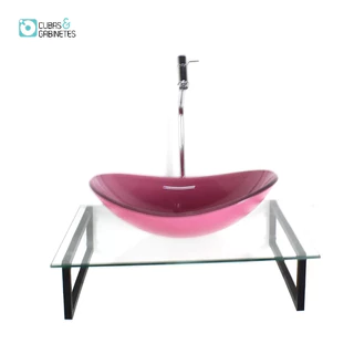 KIT CUBA DE VIDRO OVAL 10MM ROSA COM TAMPO 50CM INCOLOR E SUPORTE PRETO
