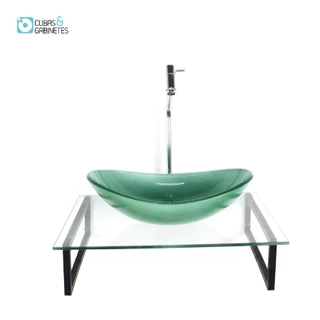 KIT CUBA DE VIDRO OVAL 10MM VERDE COM TAMPO 50CM INCOLOR E SUPORTE PRETO