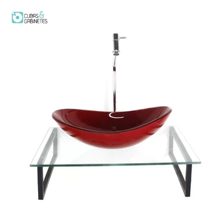 KIT CUBA DE VIDRO OVAL 10MM VERMELHO FERRARI COM TAMPO 50CM INCOLOR E SUPORTE PRETO