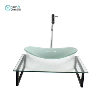 KIT CUBA DE VIDRO OVAL 10MM BRANCA COM TAMPO 50CM INCOLOR E SUPORTE PRETO
