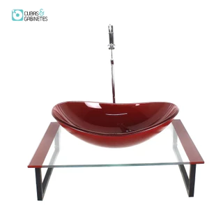 KIT CUBA DE VIDRO OVAL 10MM COM TAMPO 50CM VERMELHO CEREJA E SUPORTE PRETO