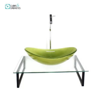 KIT CUBA DE VIDRO OVAL 10MM VERDE OLIVA TAMPO 50CM INCOLOR COM SUPORTE TORNEIRA VALVULA