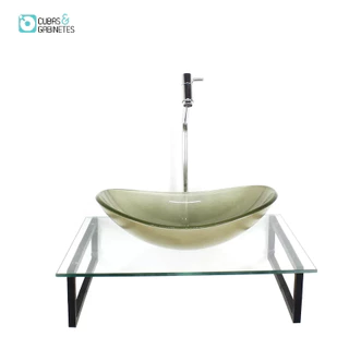 KIT CUBA DE VIDRO OVAL 10MM CHAMPANHE TAMPO 50CM INCOLOR COM SUPORTE TORNEIRA VALVULA