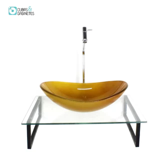 KIT CUBA DE VIDRO OVAL 10MM DOURADO REAL TAMPO 50CM INCOLOR COM SUPORTE TORNEIRA VALVULA