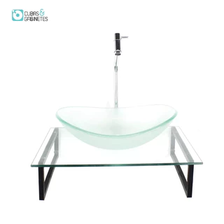 KIT CUBA DE VIDRO OVAL 10MM JATEADA TAMPO 50CM INCOLOR COM SUPORTE TORNEIRA VALVULA