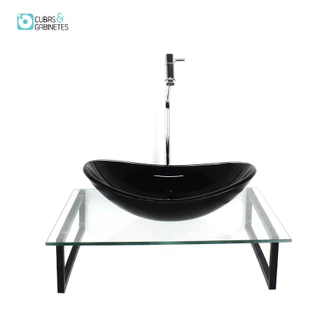KIT CUBA DE VIDRO OVAL 10MM PRETA TAMPO 50CM INCOLOR COM SUPORTE TORNEIRA VALVULA