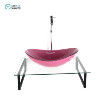 KIT CUBA DE VIDRO OVAL 10MM ROSA TAMPO 50CM INCOLOR COM SUPORTE TORNEIRA VALVULA