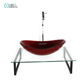 KIT CUBA DE VIDRO OVAL 10MM VERMELHO CEREJA TAMPO 50CM INCOLOR COM SUPORTE TORNEIRA VALVULA