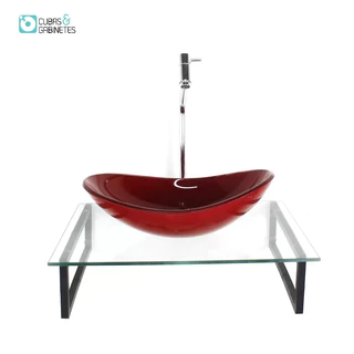 KIT CUBA DE VIDRO OVAL 10MM VERMELHO FERRARI TAMPO 50CM INCOLOR COM SUPORTE TORNEIRA VALVULA