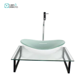 KIT CUBA DE VIDRO OVAL 10MM BRANCA TAMPO 50CM INCOLOR COM SUPORTE TORNEIRA VALVULA