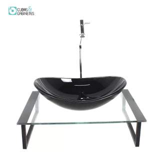 KIT CUBA DE VIDRO OVAL 10MM TAMPO 50CM PRETO COM SUPORTE TORNEIRA VALVULA