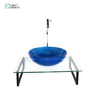 KIT CUBA DE VIDRO REDONDA 10MM AZUL ESCURO COM TAMPO 50CM INCOLOR E SUPORTE PRETO