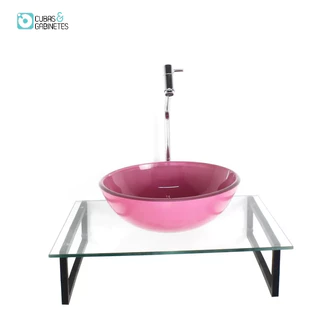 KIT CUBA DE VIDRO REDONDA 10MM ROSA COM TAMPO 50CM INCOLOR E SUPORTE PRETO