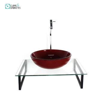 KIT CUBA DE VIDRO REDONDA 10MM VERMELHO CEREJA COM TAMPO 50CM INCOLOR E SUPORTE PRETO