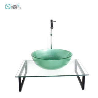 KIT CUBA DE VIDRO REDONDA 10MM VERDE COM TAMPO 50CM INCOLOR E SUPORTE PRETO