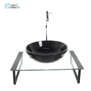 KIT CUBA DE VIDRO REDONDA 10MM COM TAMPO 50CM PRETO E SUPORTE PRETO
