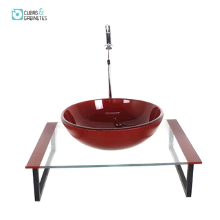 KIT CUBA DE VIDRO REDONDA 10MM COM TAMPO 50CM VERMELHO CEREJA E SUPORTE PRETO