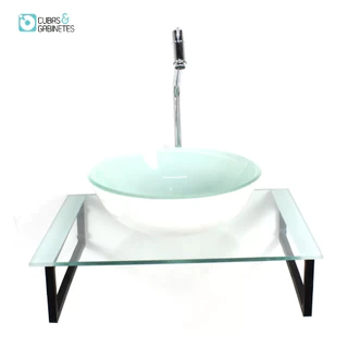 KIT CUBA DE VIDRO REDONDA 10MM COM TAMPO 50CM BRANCO E SUPORTE PRETO