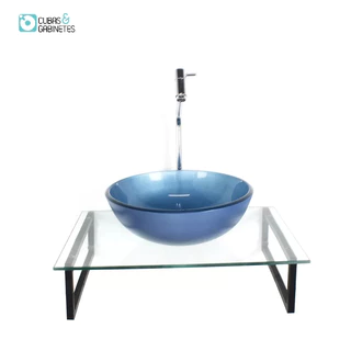 KIT CUBA DE VIDRO REDONDA 10MM AZUL TAMPO 50CM INCOLOR COM SUPORTE TORNEIRA VALVULA