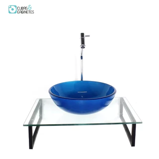 KIT CUBA DE VIDRO REDONDA 10MM AZUL ESCUTO TAMPO 50CM INCOLOR COM SUPORTE TORNEIRA VALVULA