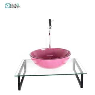 KIT CUBA DE VIDRO REDONDA 10MM ROSA TAMPO 50CM INCOLOR COM SUPORTE TORNEIRA VALVULA