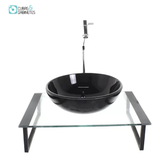 KIT CUBA DE VIDRO REDONDA 10MM TAMPO 50CM PRETO COM SUPORTE TORNEIRA VALVULA