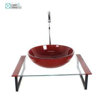 KIT CUBA DE VIDRO REDONDA 10MM TAMPO 50CM VERMELHO CEREJA COM SUPORTE TORNEIRA VALVULA