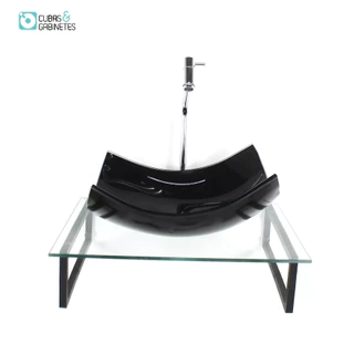 KIT CUBA DE VIDRO RETANGULAR 10MM PRETA COM TAMPO 50CM INCOLOR E SUPORTE PRETO