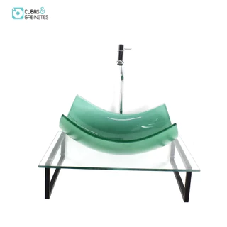 KIT CUBA DE VIDRO RETANGULAR 10MM VERDE COM TAMPO 50CM INCOLOR E SUPORTE PRETO