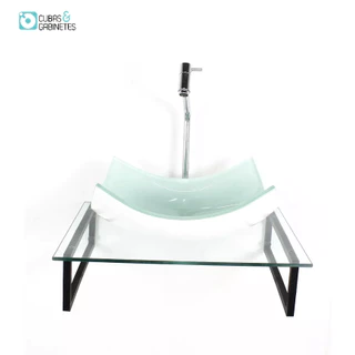 KIT CUBA DE VIDRO RETANGULAR 10MM BRANCA COM TAMPO 50CM INCOLOR E SUPORTE PRETO