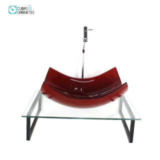 KIT CUBA DE VIDRO RETANGULAR 10MM VERMELHO CEREJA TAMPO 50CM INCOLOR COM SUPORTE TORNEIRA VALVULA