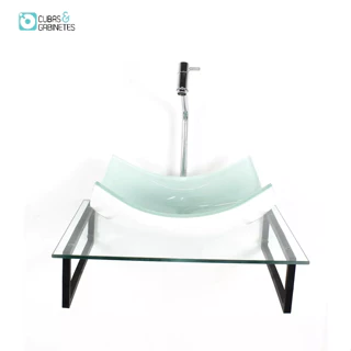 KIT CUBA DE VIDRO RETANGULAR 10MM BRANCA TAMPO 50CM INCOLOR COM SUPORTE TORNEIRA VALVULA