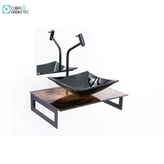 GABINETE DE VIDRO 50CM MADEIRA RUSTICA + TORNEIRA METAL PRETA