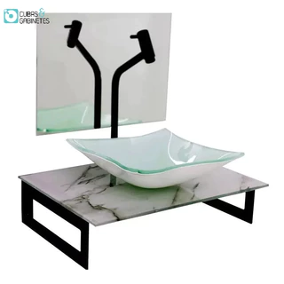 GABINETE DE VIDRO 50CM MÁRMORE BRANCO + TORNEIRA METAL PRETA