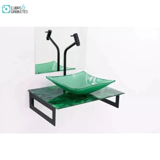 GABINETE DE VIDRO 50CM MÁRMORE VERDE + TORNEIRA METAL PRETA