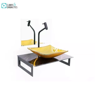 GABINETE DE VIDRO 50CM MÁRMORE PRETO DOURADO + TORNEIRA METAL PRETA