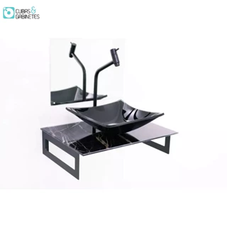GABINETE DE VIDRO 50CM MÁRMORE PRETO + TORNEIRA METAL PRETA