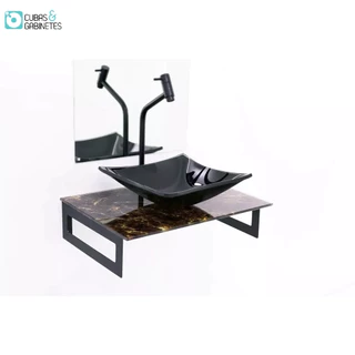 GABINETE DE VIDRO 50CM MÁRMORE IMPERADOR + TORNEIRA METAL PRETA
