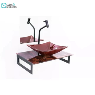 GABINETE DE VIDRO 50CM MÁRMORE AVERMELHADO + TORNEIRA DE METAL PRETA
