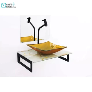 GABINETE DE VIDRO 50CM MÁRMORE BRANCO DOURADO + TORNEIRA METAL PRETA
