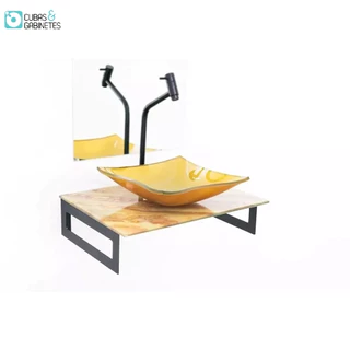 GABINETE DE VIDRO 50CM MÁRMORE MARFIM + TORNEIRA METAL PRETA