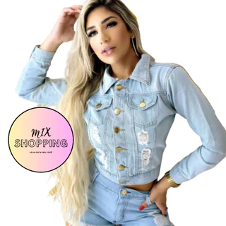 Jaqueta Jeans Feminina Destroyed Cropped Jeans Claro