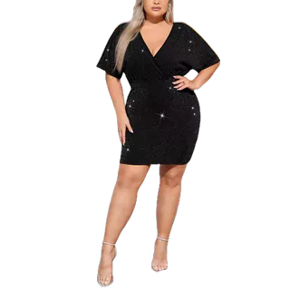 Vestido Colado Curto Manga Asa Morcego Lurex Brilho Plus Size