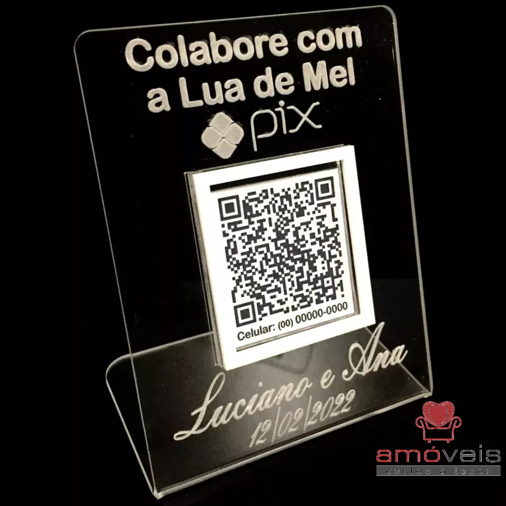Placa QR Code Casamento em Acrílico Transparente 10x13cm Reformulada