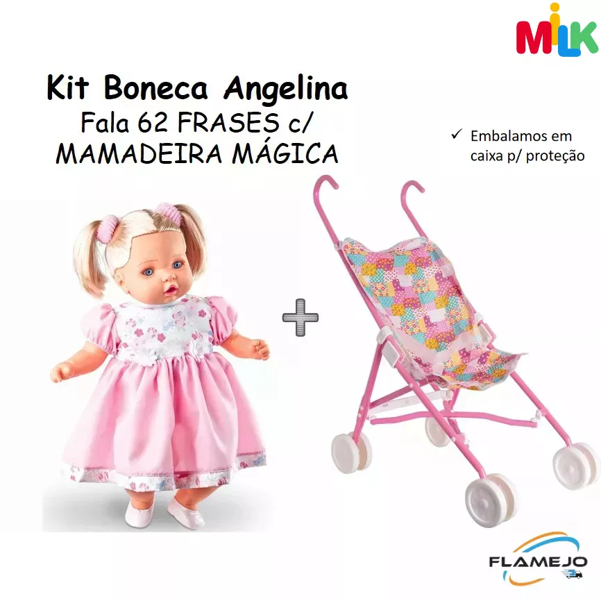 Boneca Angelina Fala 62 Frases Tipo Reborn mais carrinho de passeio para boneca dobrável kit