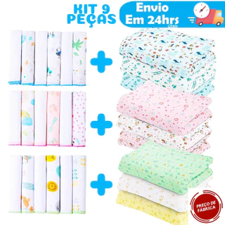 Kit 9 Peças Enxoval Bebe - 3 Cueiros Flanelados Estampados ou Lisos + 6 Paninho de boca 100% algodão