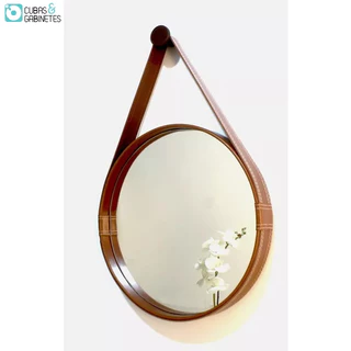 ESPELHO REDONDO DECORATIVO COM MOLDURA ALÇA DE COURO 40CM CARAMELO