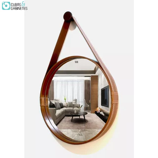 ESPELHO REDONDO DECORATIVO COM MOLDURA ALÇA DE COURO 50CM CARAMELO
