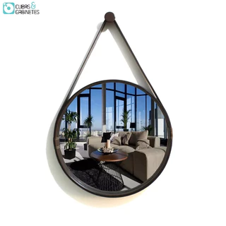 ESPELHO REDONDO DECORATIVO COM MOLDURA ALÇA DE COURO 50CM CAFÉ