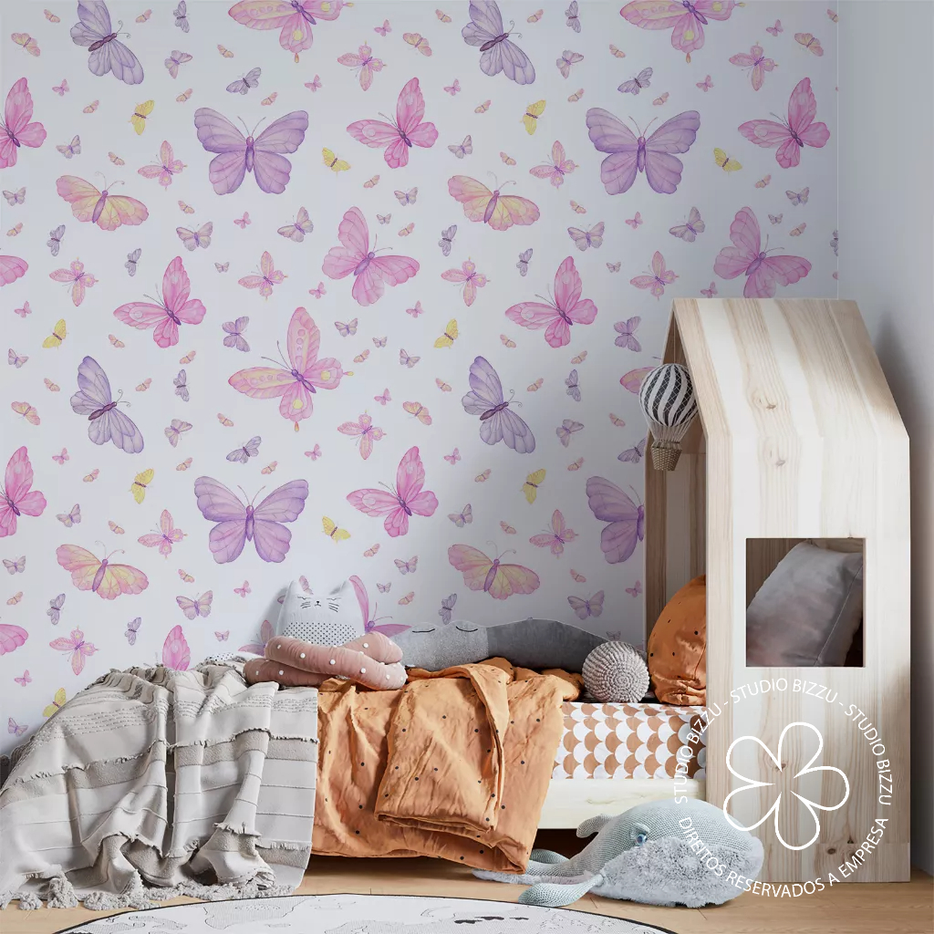 Papel De Parede Infantil de Borboletas Rosas em Aquarela
